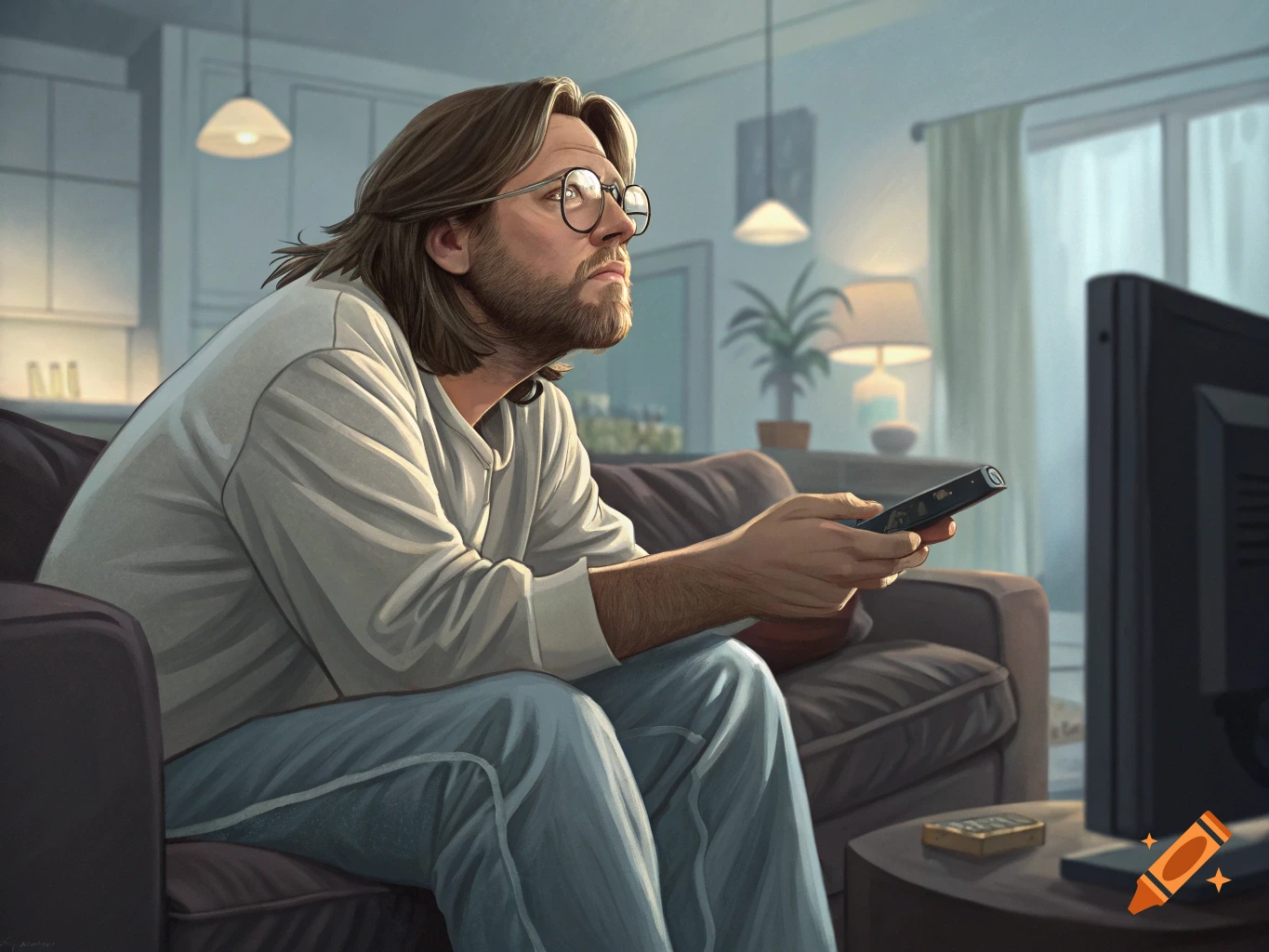 A man with long hair and glasses sits on a couch, holding a remote control and watching television in a living room.
