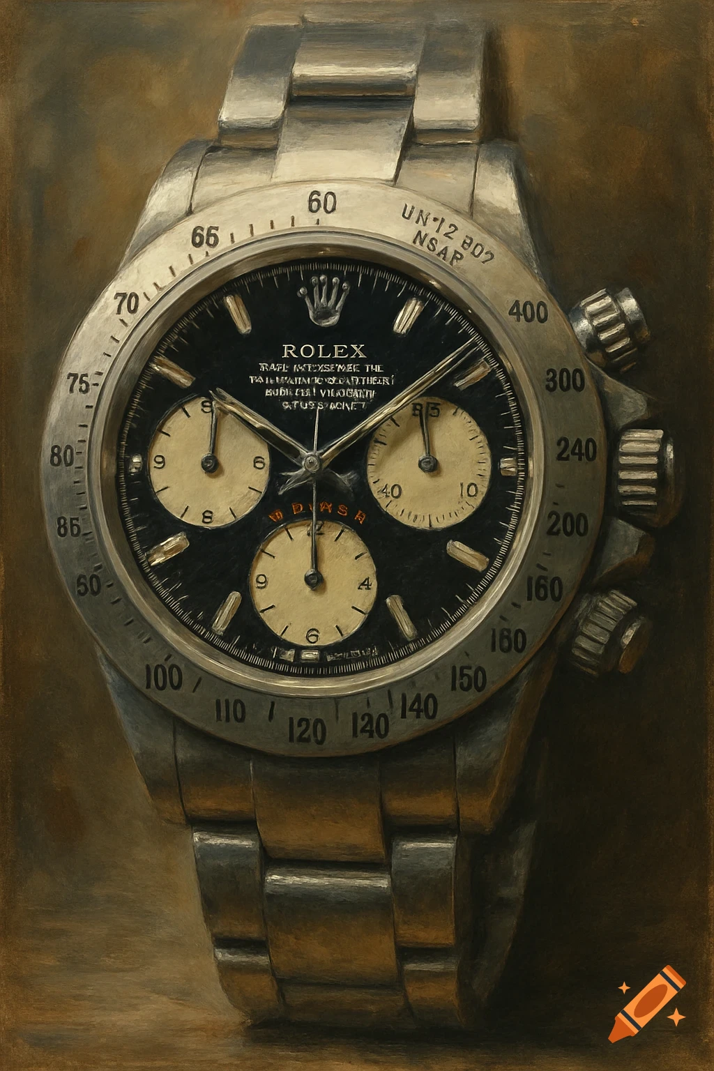 Close-up oil painting of a silver Rolex Daytona watch with a black dial and light sub-dials.