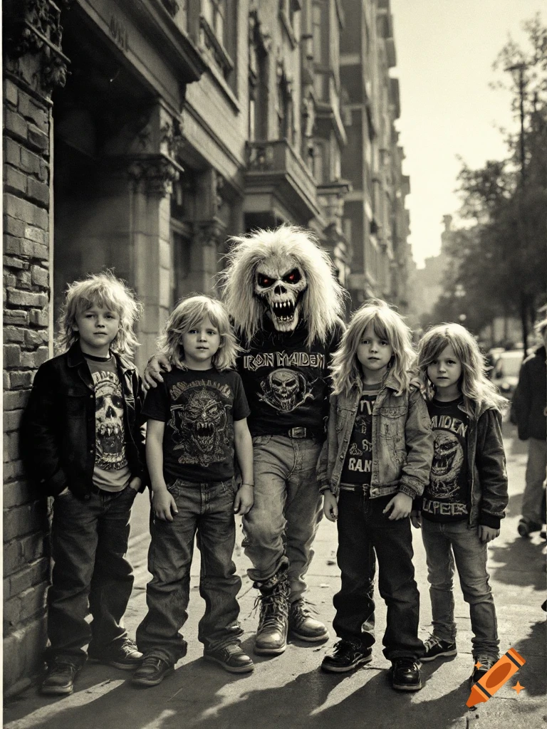 Four young boys and a person in an Iron Maiden Eddie monster costume pose on a city street in a black and white photorealistic style.