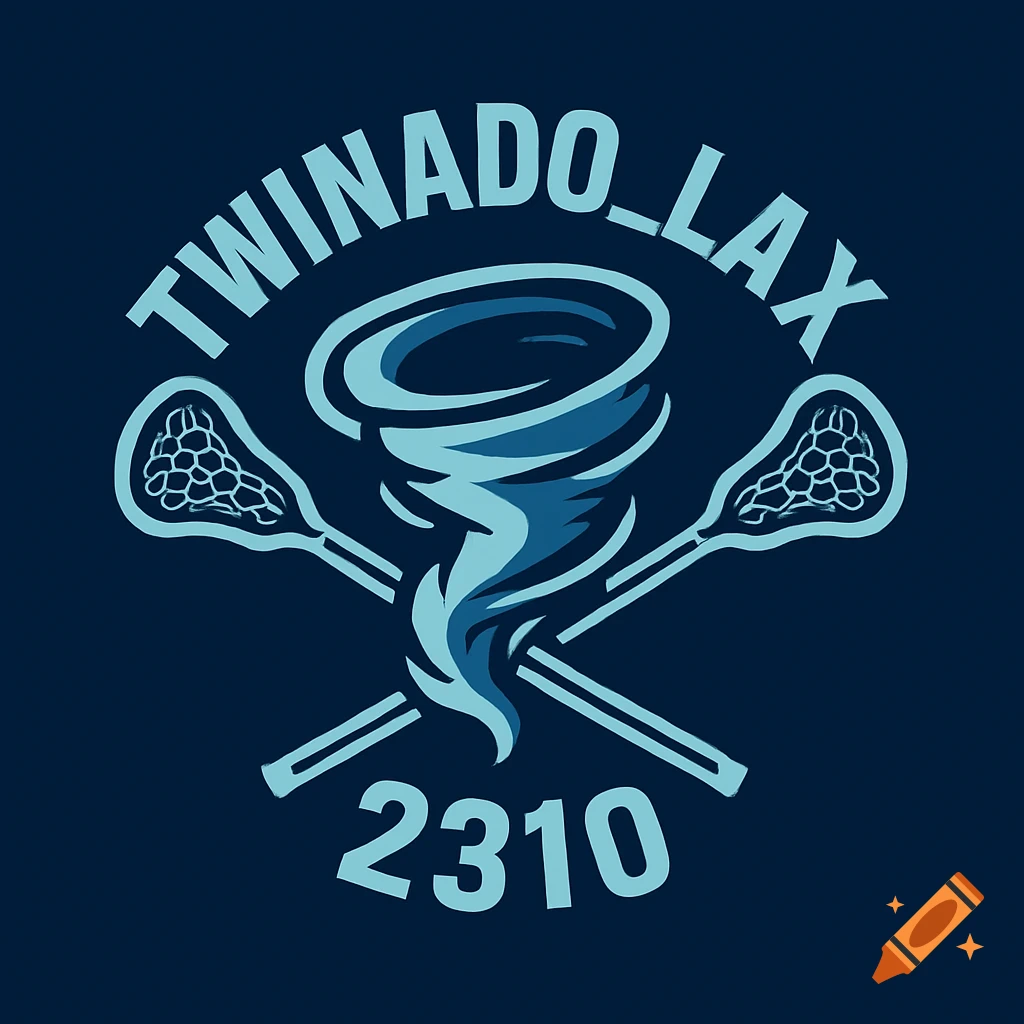 Blue and teal logo featuring a stylized tornado with crossed lacrosse sticks and the text "TWINADO_LAX 2310".