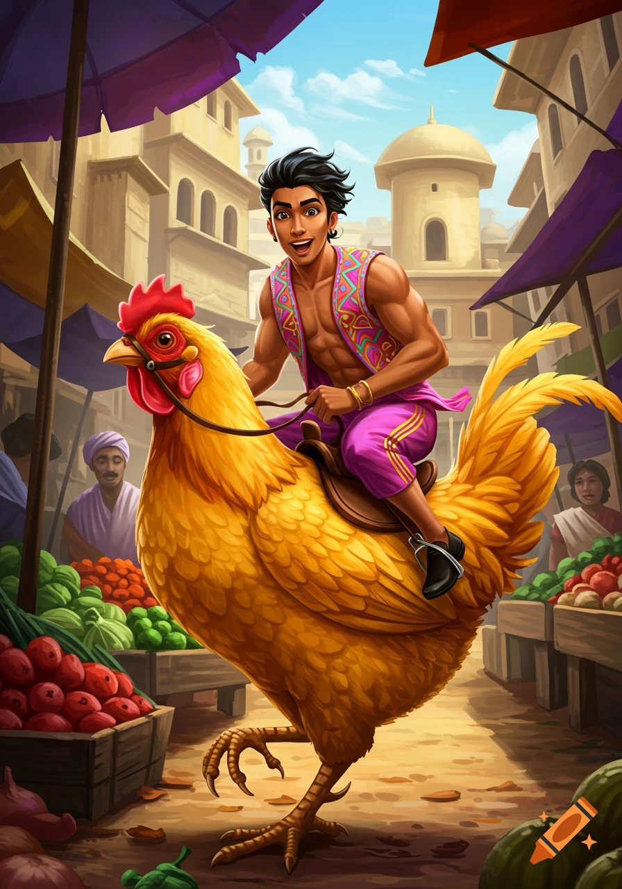 A joyful man rides a giant chicken through a bustling market street in a colorful cartoon style.