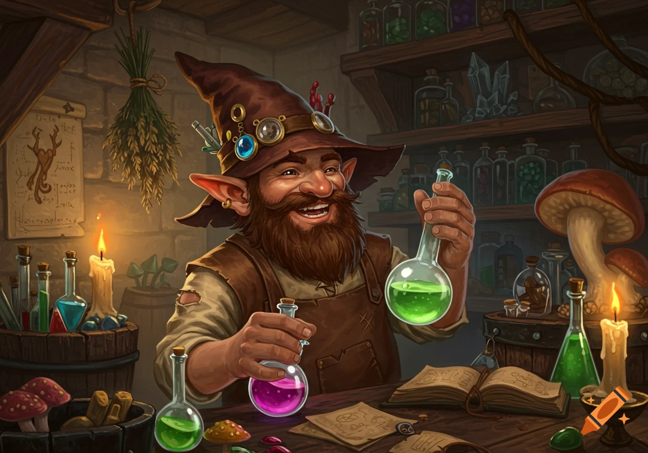 A smiling gnome alchemist in a cluttered workshop holds up a green potion and a pink potion, surrounded by bottles and mushrooms.