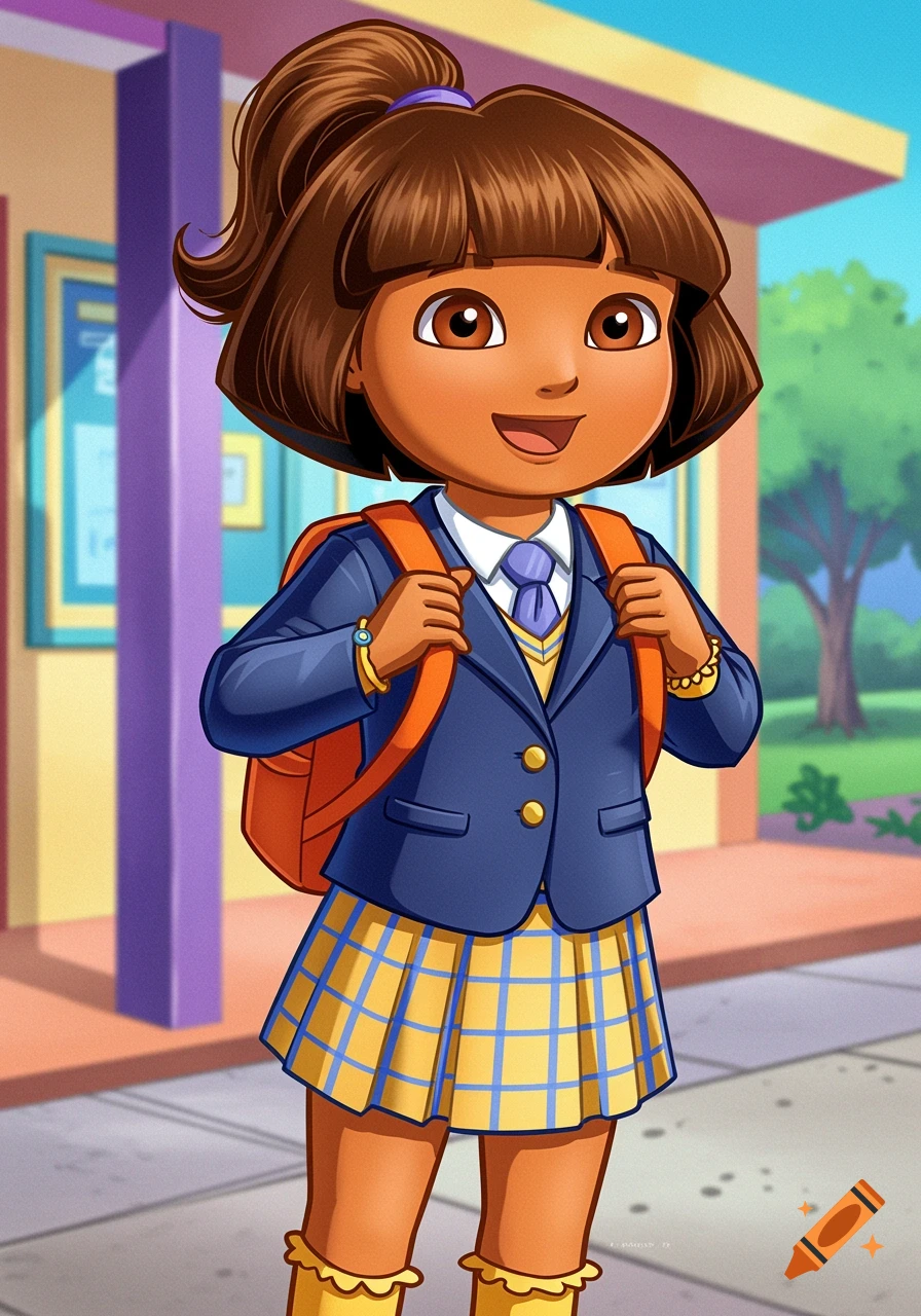 Cartoon image of Dora the Explorer wearing a blue school uniform and orange backpack, standing in front of a school building.