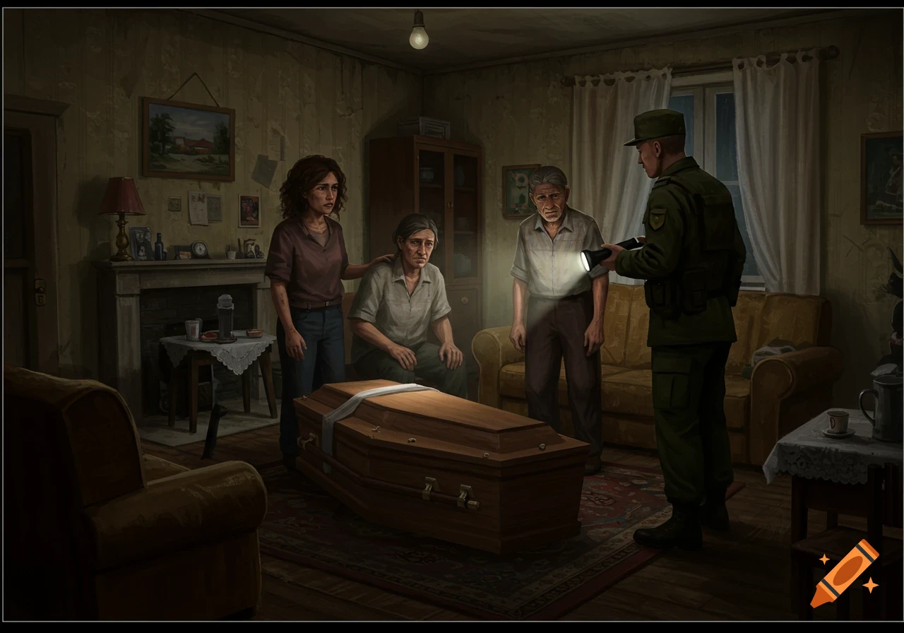 A soldier with a flashlight questions three grieving people standing around a coffin in a dimly lit, worn living room, digital painting.