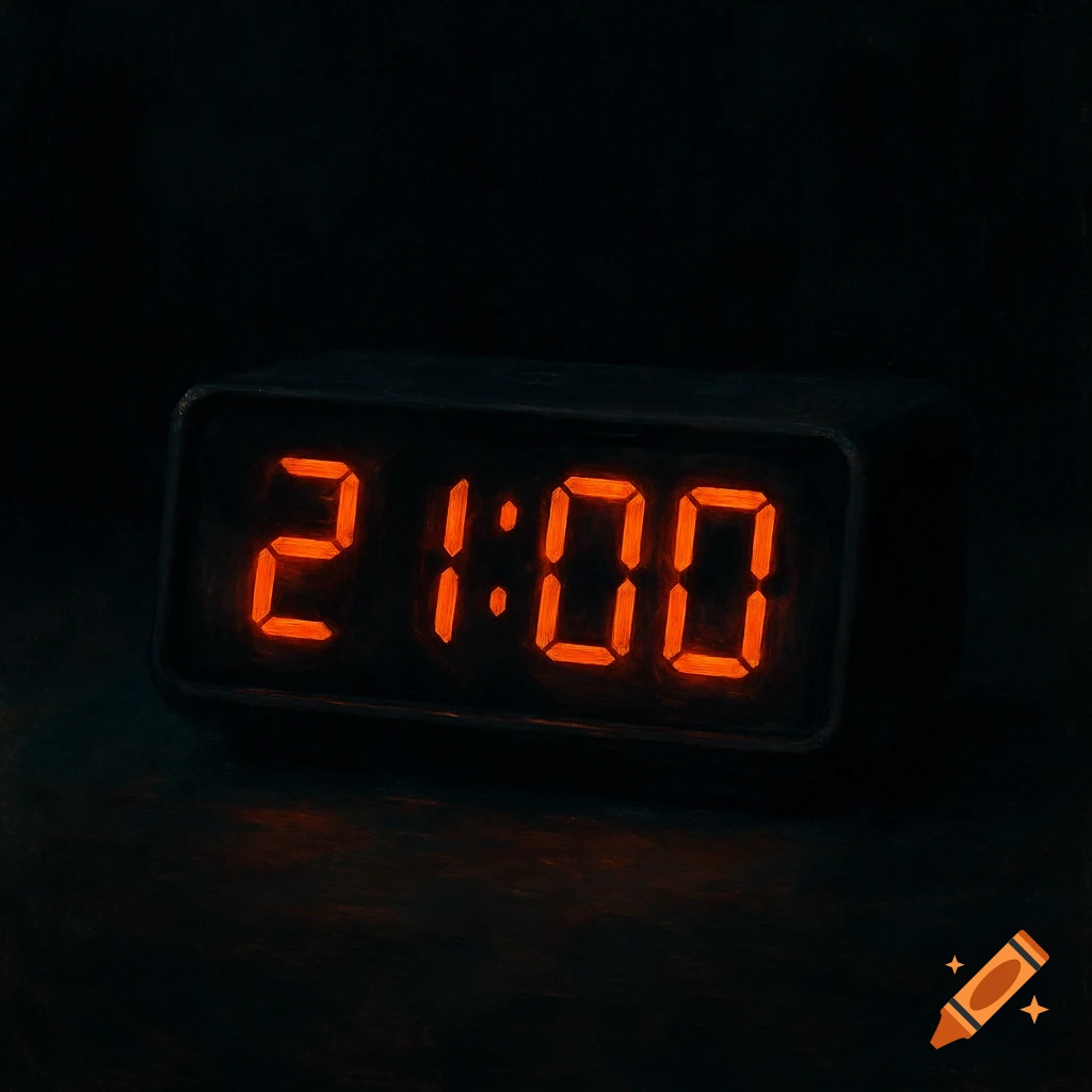 A digital clock showing 21:00 in bright orange numbers against a dark background.