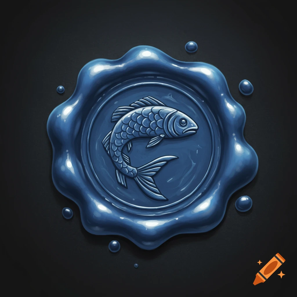 A glossy blue wax seal featuring a relief of a fish in the center, set against a dark background.