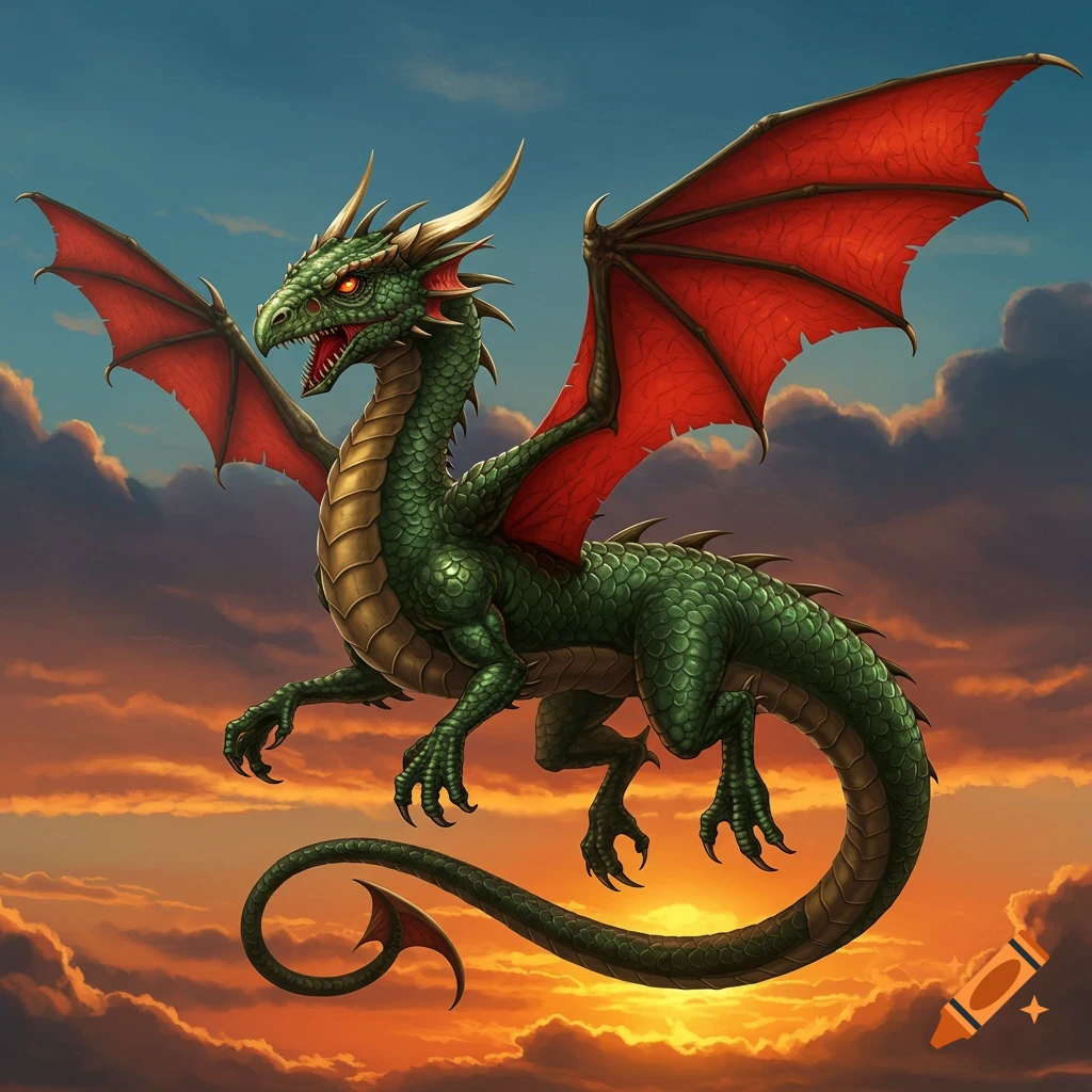 A vibrant green dragon with large red wings soars through a dramatic sunset sky filled with orange and purple clouds.
