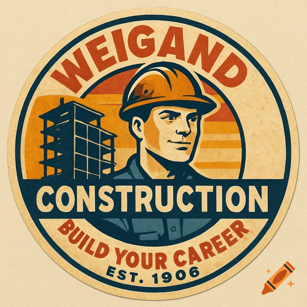 Retro-style circular logo for Weigand Construction, featuring a man in a hard hat, a building, and text 'Build Your Career Est. 1906'.