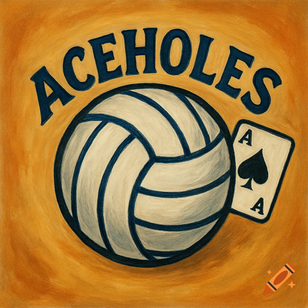 A stylized logo featuring a volleyball, an ace of spades playing card, and the word 'ACEHOLES' above them on an orange background.