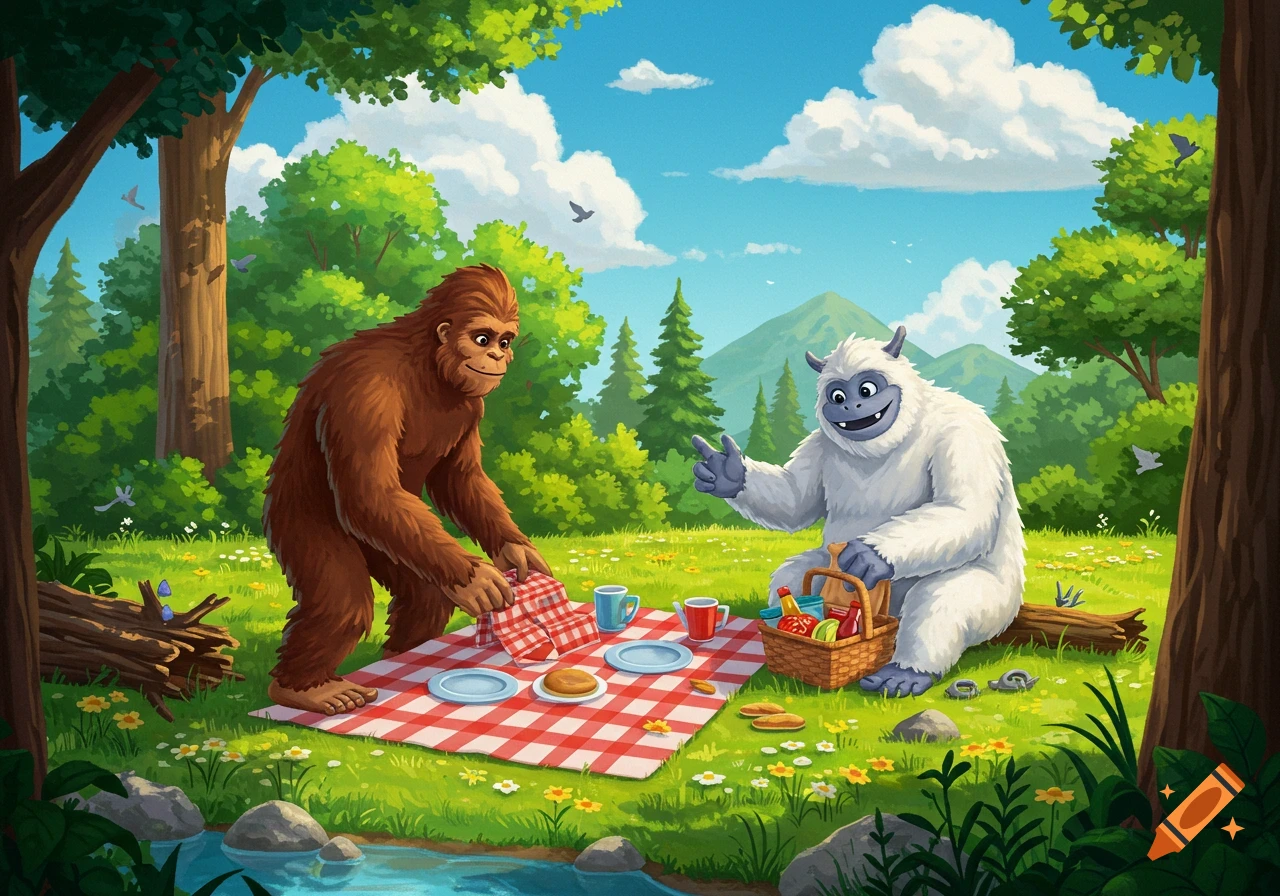 A cartoon illustration shows Bigfoot and a white Yeti having a picnic in a sunny forest clearing by a stream.