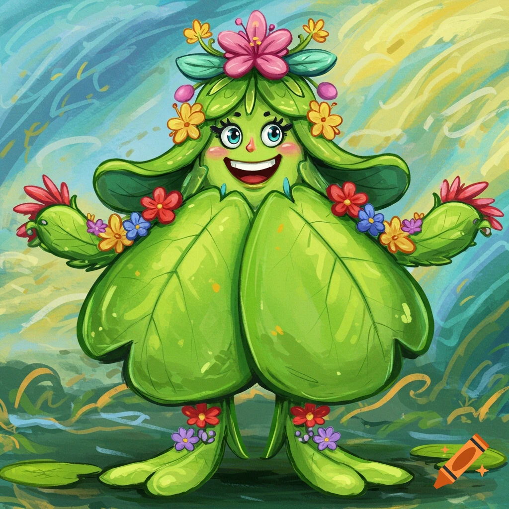 A cheerful, green cartoon character made of leaves and flowers, resembling a lily pad, against a vibrant background.