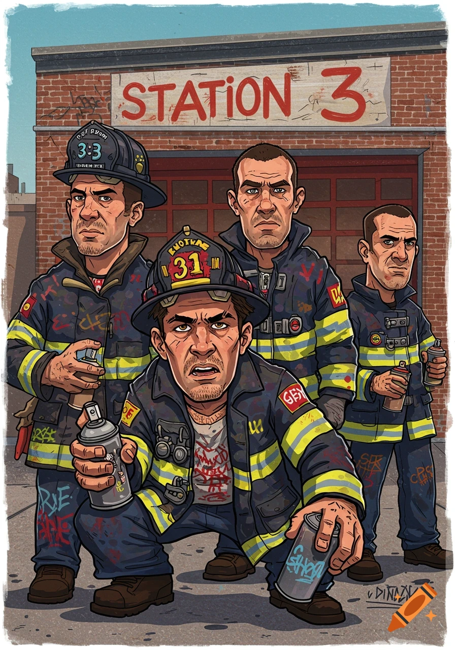 Four cartoon firefighters, some holding spray cans, stand in front of a brick fire station building with "STATION 3" written on it, stylized with graffiti.