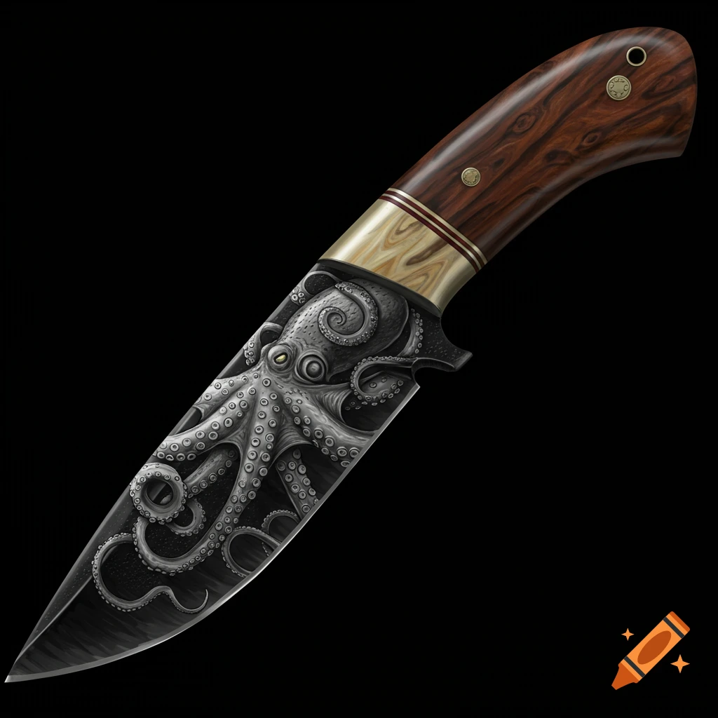 A detailed fixed-blade knife with a wooden handle and an intricate, realistic octopus engraving on its dark silver blade, against a black background.