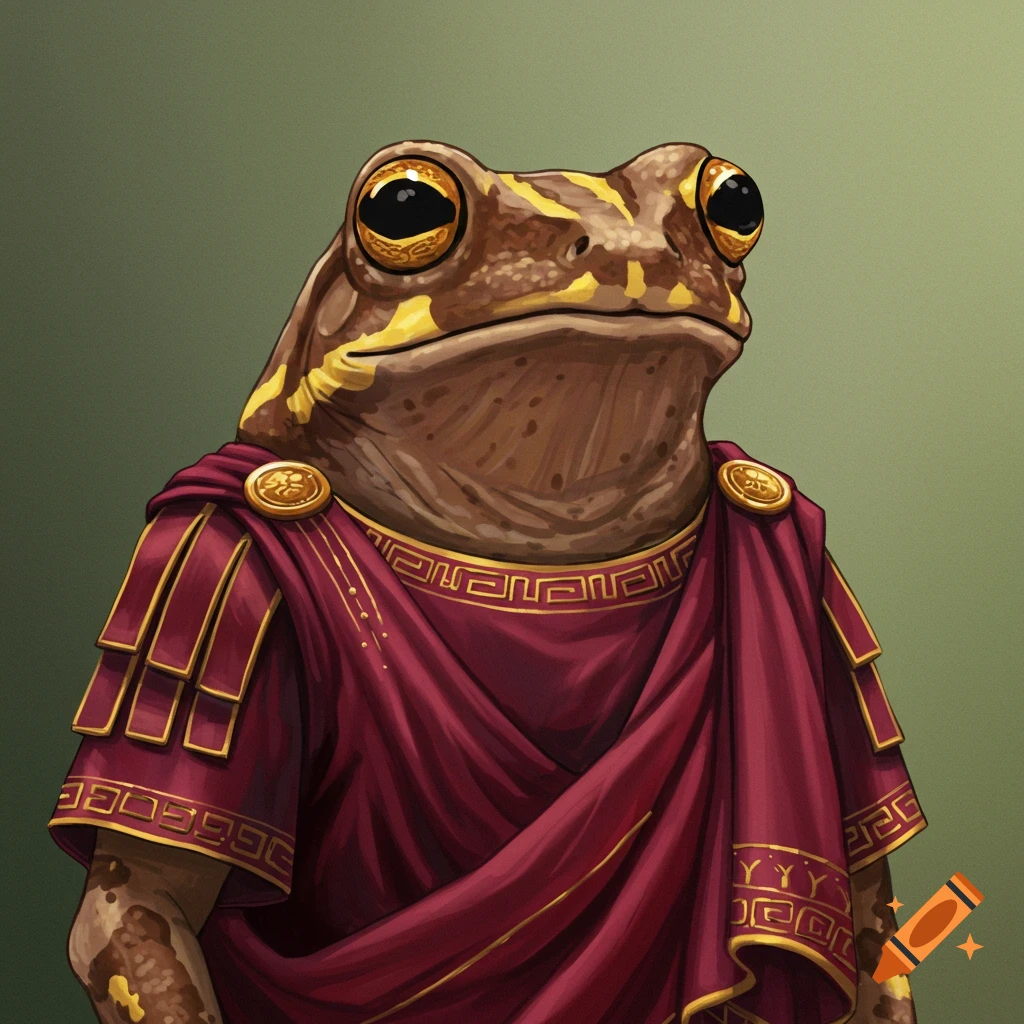 A brown frog with yellow stripes wearing a red ancient Roman toga with gold trim.