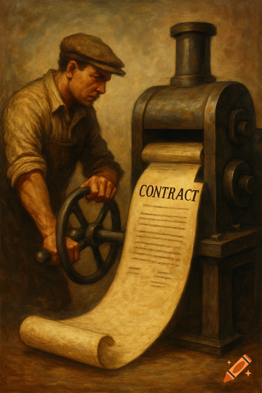 A man in a cap operates a hand crank on a large, old machine that rolls out a long paper document titled 'CONTRACT'. The image has a dark, painterly style.