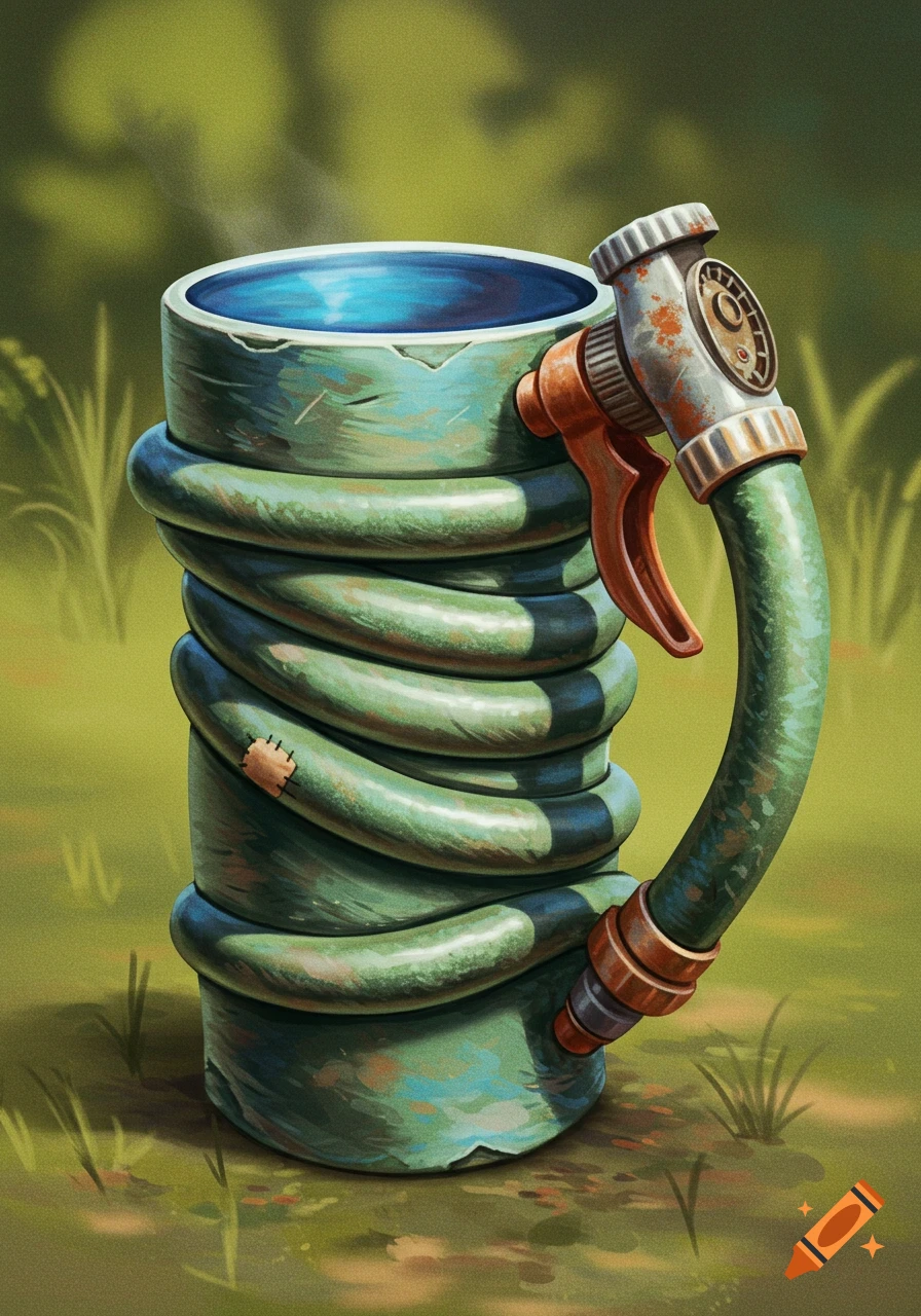 A creative illustration of a mug fashioned from a coiled green garden hose with a rusty nozzle handle, standing in grass.