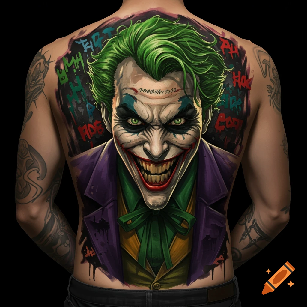 A vibrant comic art back tattoo of the Joker with green hair, a wide grin, and purple suit, set against a dark, chaotic background.