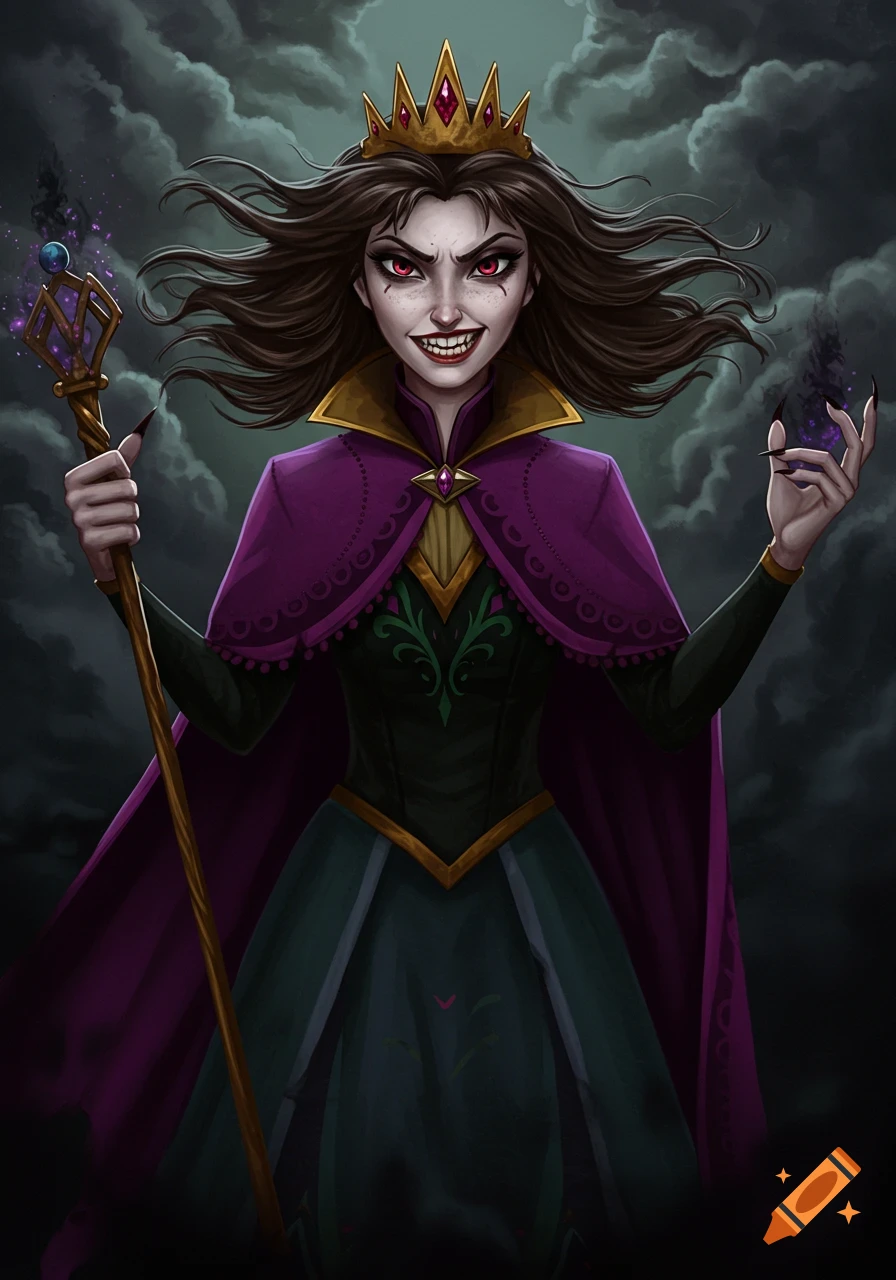 A dark fantasy illustration of a villainous queen with a menacing smile, red eyes, crown, purple cape, and staff against a cloudy sky.