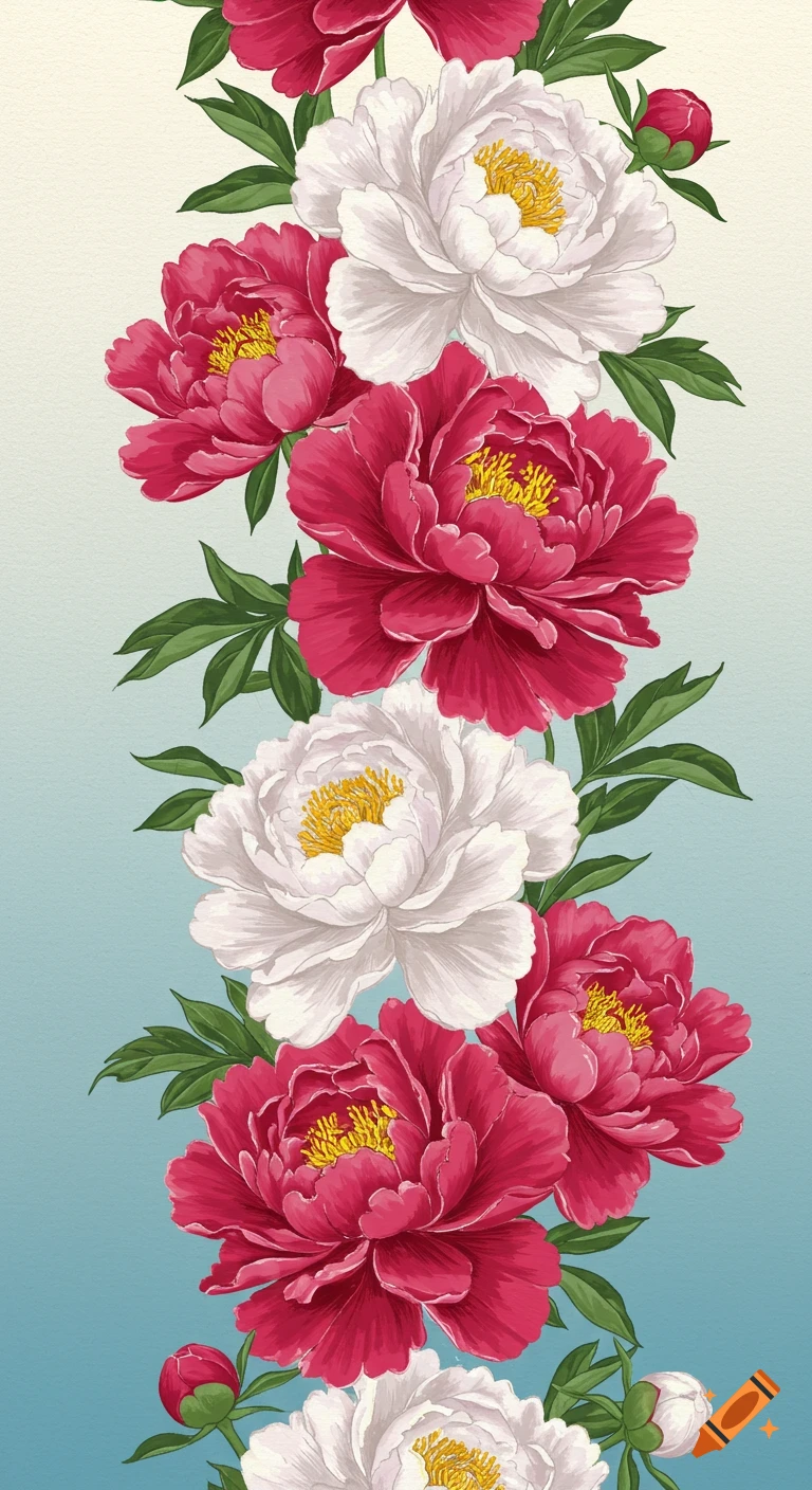 Vertical column of white and red peonies with green leaves on a cream to blue gradient background, in an illustrative style.