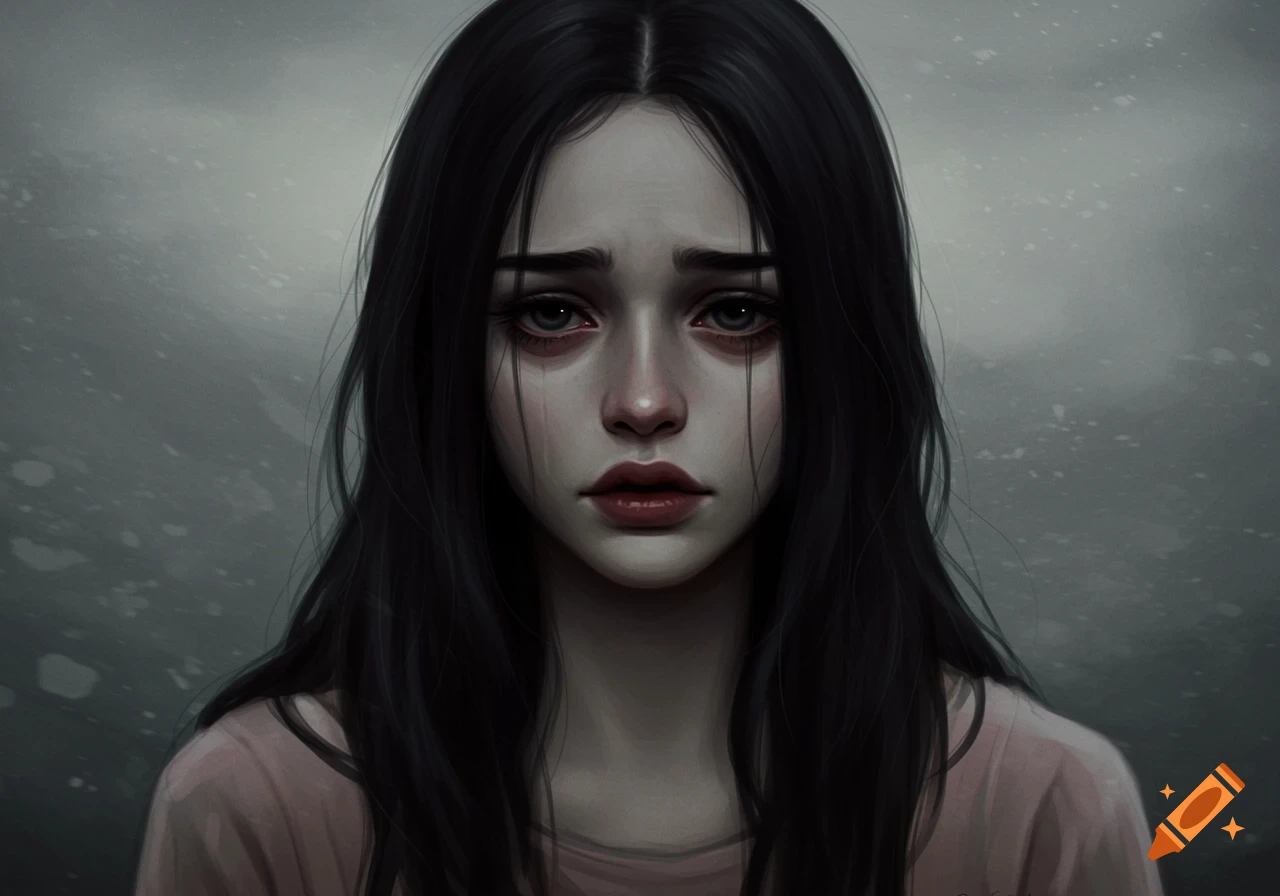 Digital art portrait of a young woman with long dark hair, looking sad with red eyes and tears streaming down her face.