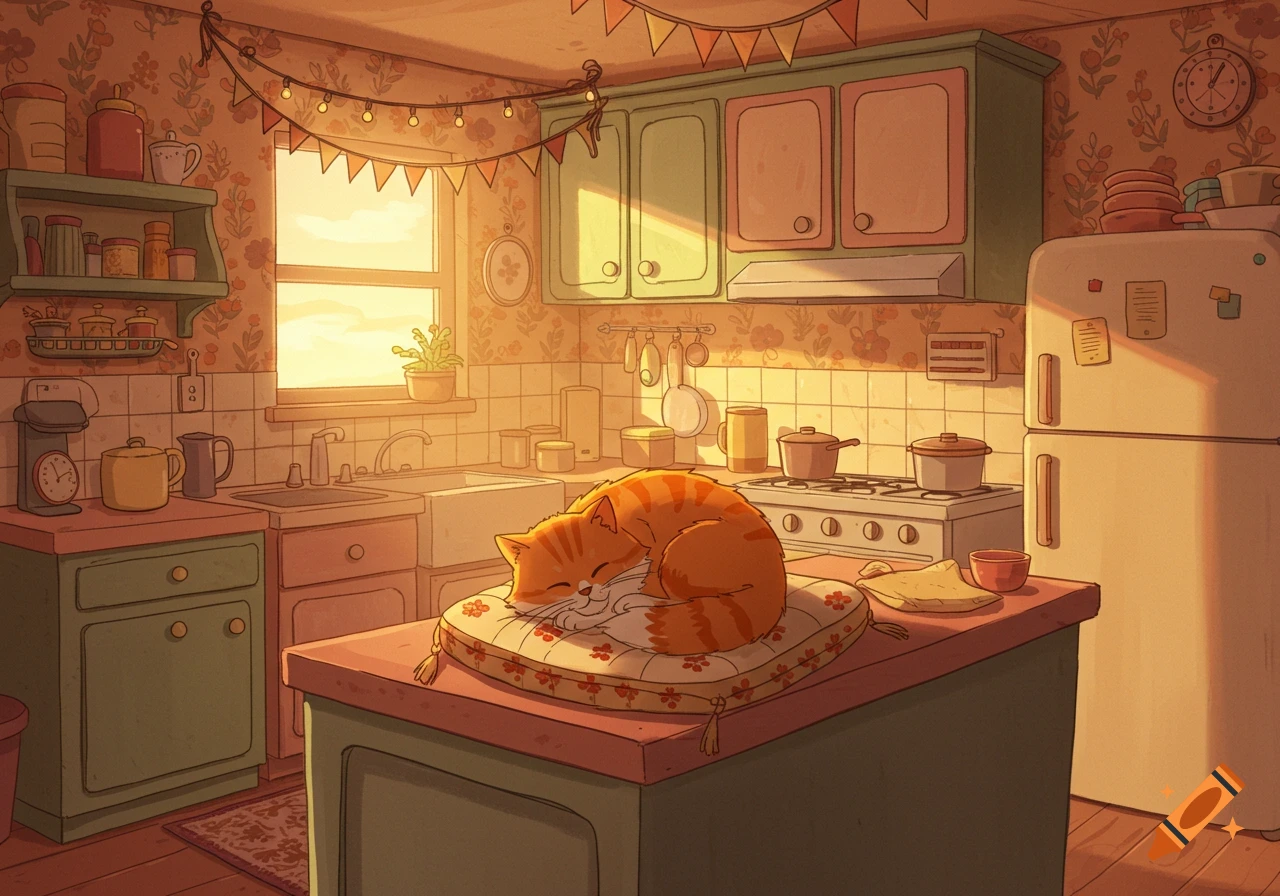 An orange tabby cat sleeps on a cushion in a cozy, animated kitchen with warm sunset light.