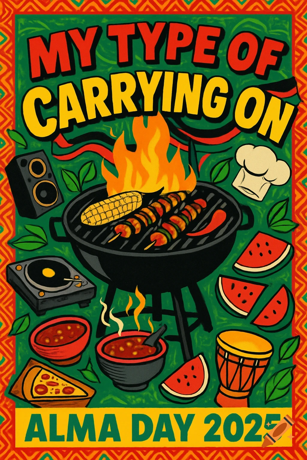 A vibrant poster for Alma Day 2025, featuring a barbecue grill with corn and kebabs, surrounded by music equipment, food, and a chef's hat, set against an African-inspired pattern background.