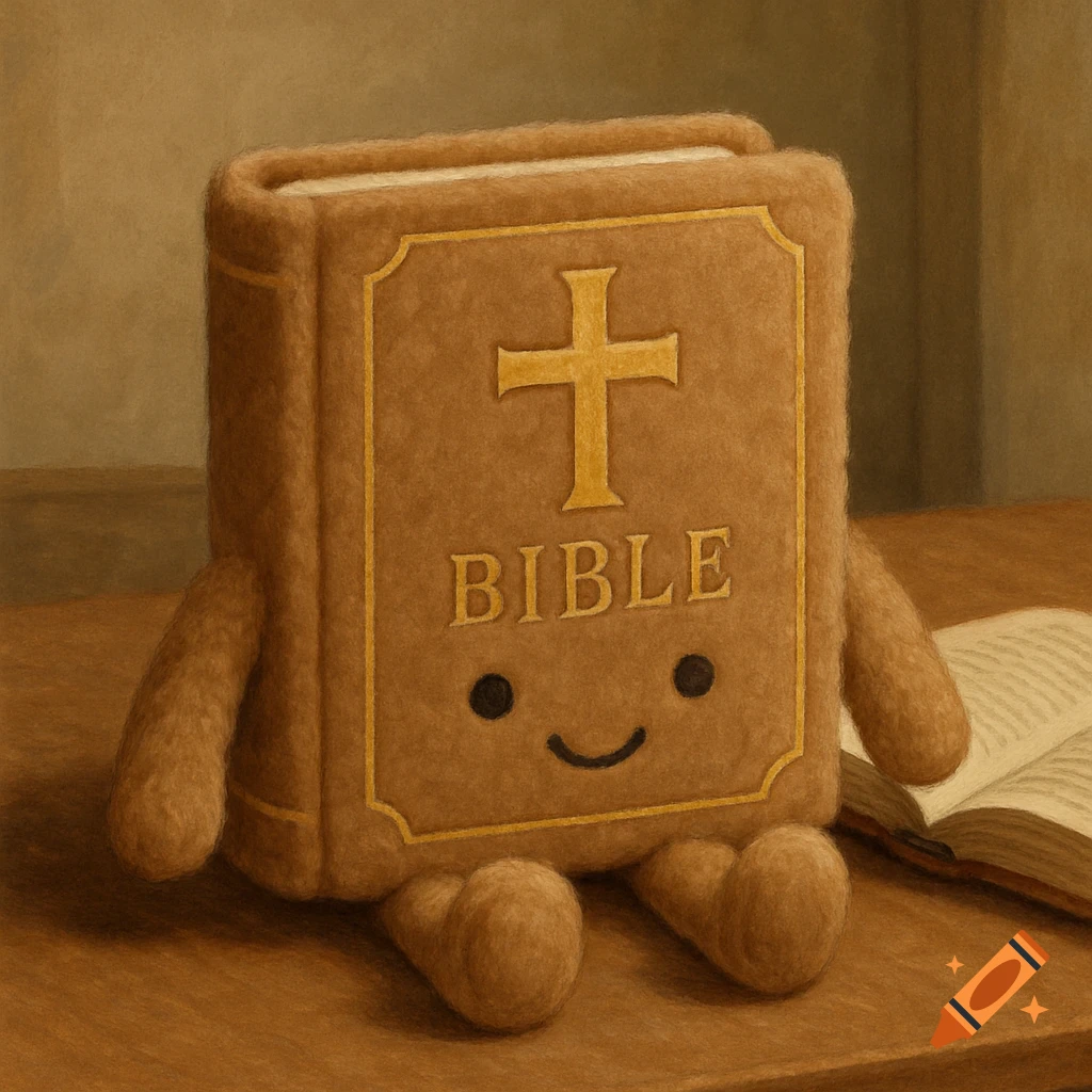 A cute brown plush Bible with a golden cross and the word 'BIBLE' on its cover, sitting on a wooden table next to an open book.
