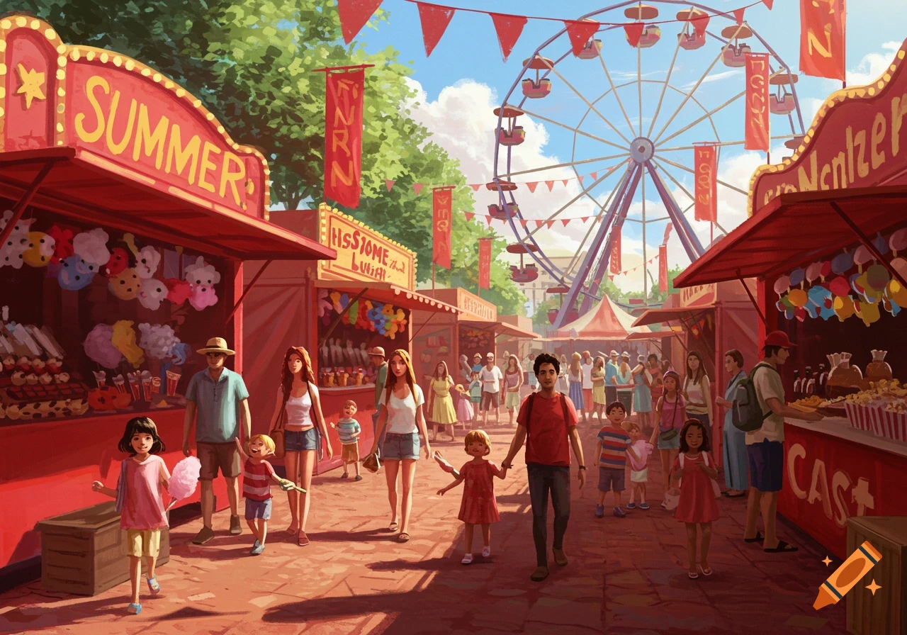 A vibrant illustration of a bustling summer fair with red stalls, families strolling, and a large ferris wheel under a blue sky.