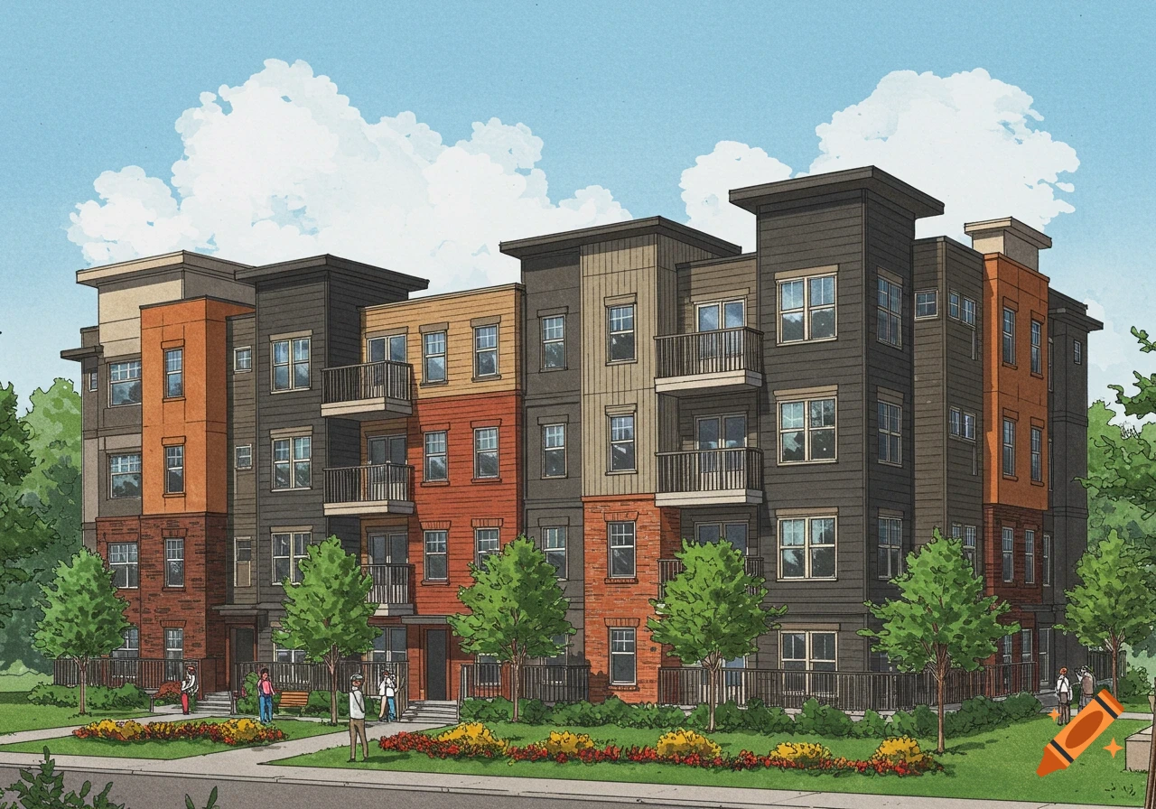 Architectural illustration of a multi-story, multi-unit apartment building with balconies and landscaping.