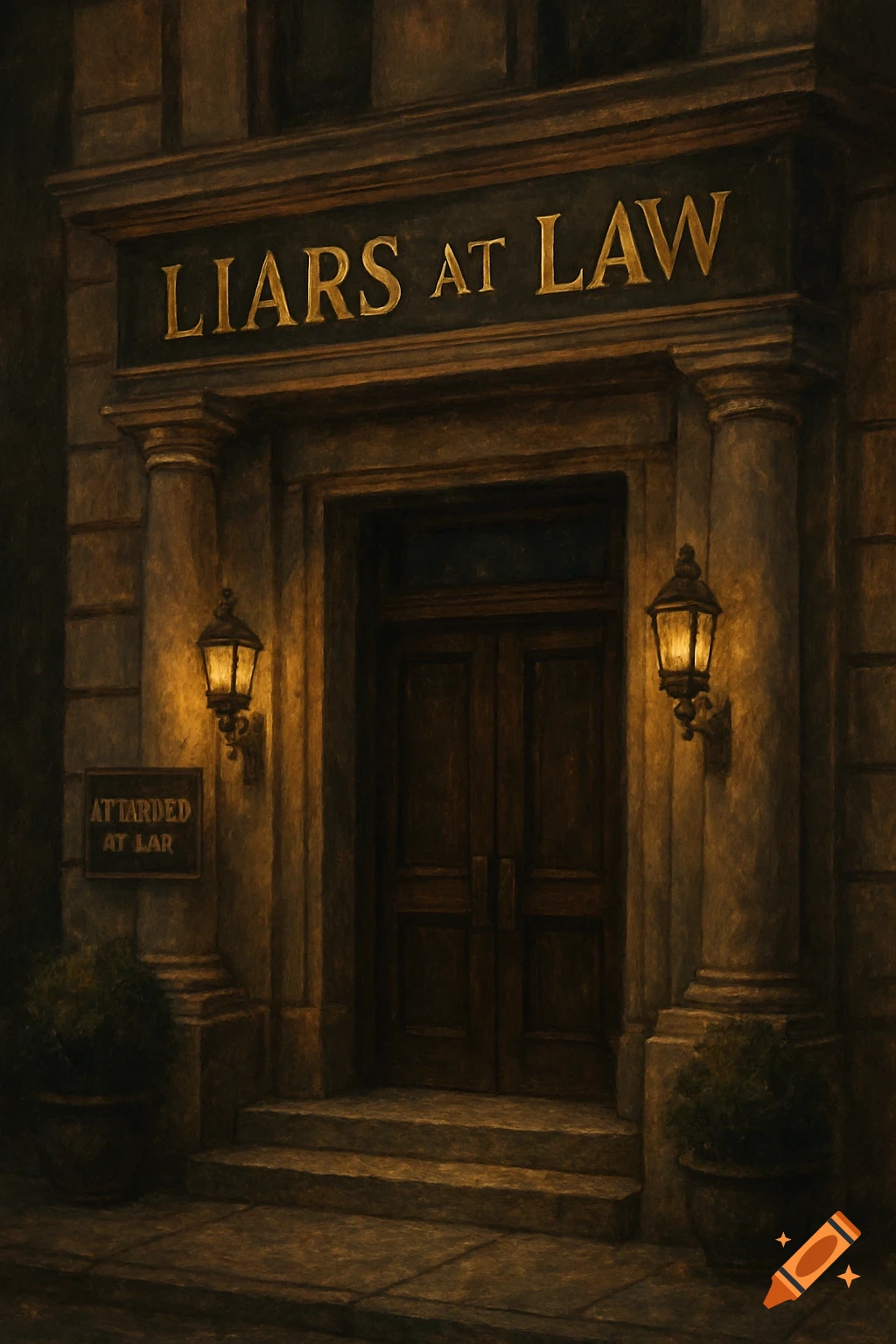 A dark, stylized painting of a vintage building entrance with two lanterns and a sign reading "LIARS AT LAW" above the double wooden doors.