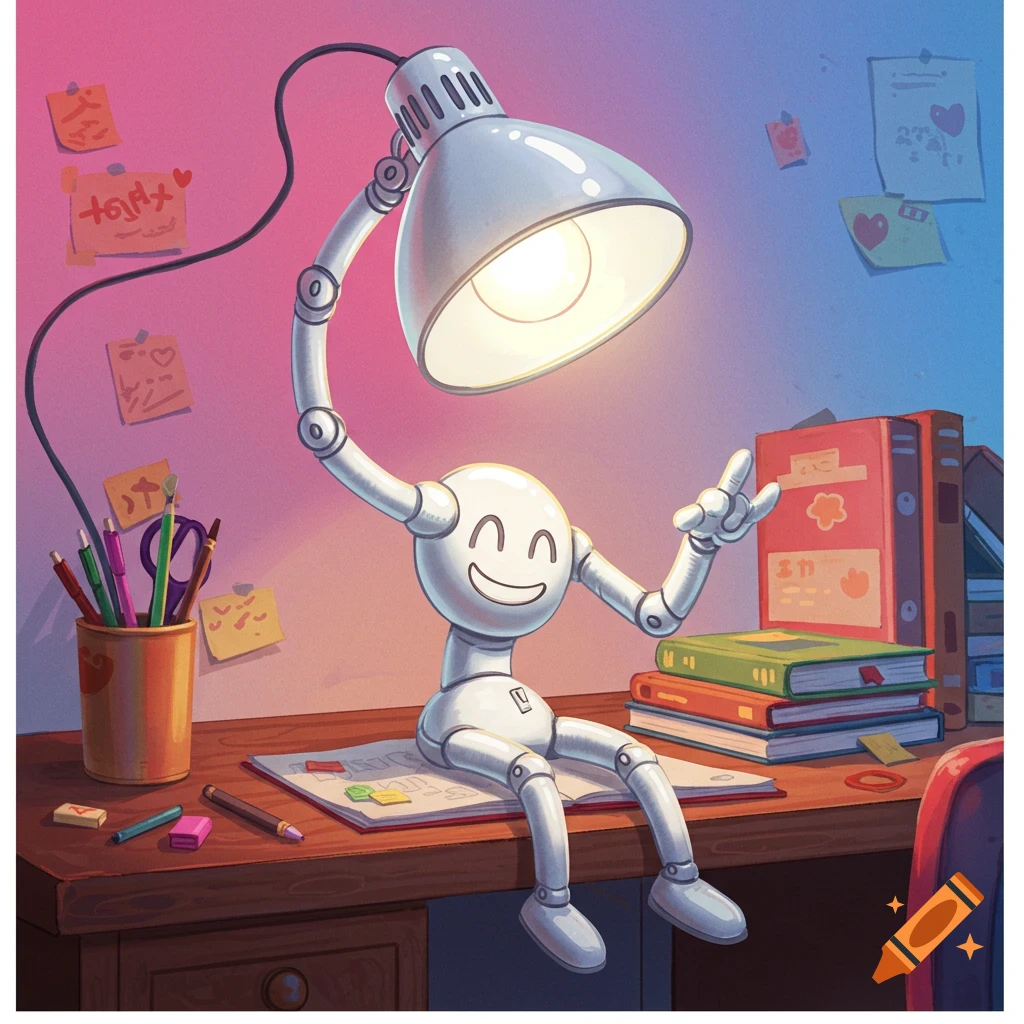 A happy articulated white desk lamp sits on a wooden desk, surrounded by colorful books, pens, and sticky notes under warm light.