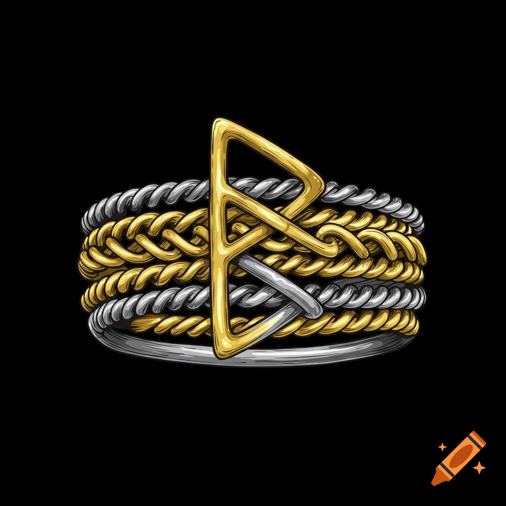 Illustrated ring with intertwined gold and silver wires featuring a golden Berkana rune, on a black background.