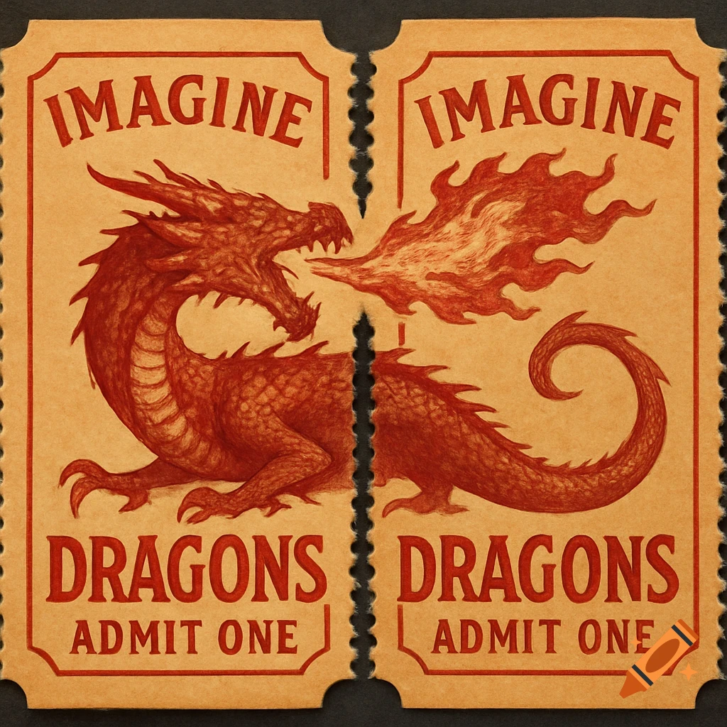 Two vintage-style concert tickets featuring a red dragon spitting fire across the torn perforation, with the text 'IMAGINE DRAGONS' and 'ADMIT ONE'.