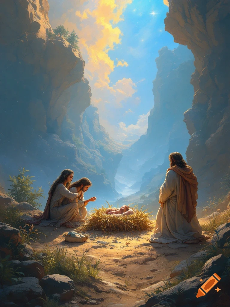 Mary and Joseph kneel before baby Jesus in a manger within a vast, light-filled canyon at sunset.
