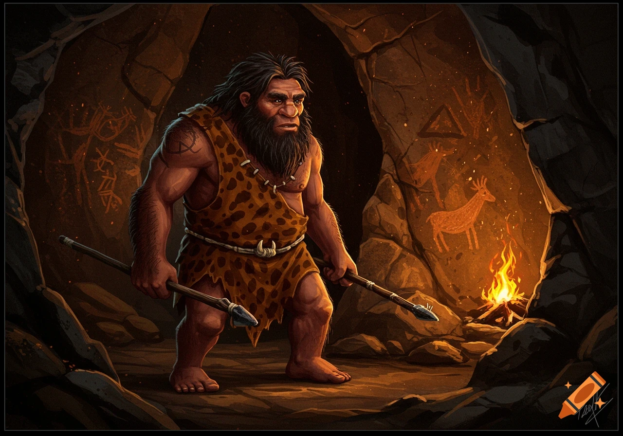 A rugged caveman holding two spears stands in a dark cave illuminated by a campfire, with ancient animal and symbol cave paintings on the walls.