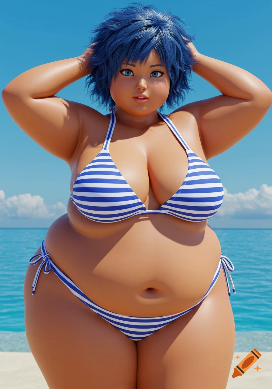 Photorealistic portrait of a plus-sized Japanese woman with blue hair and blue eyes, wearing a blue and white striped bikini on a sunny beach.