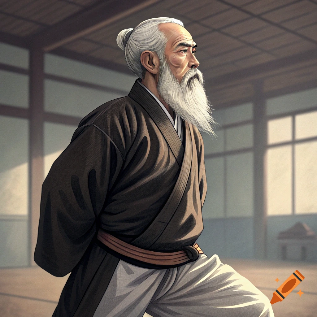 An old man with a long white beard and topknot in a dark martial arts gi performs a pose in a dojo.