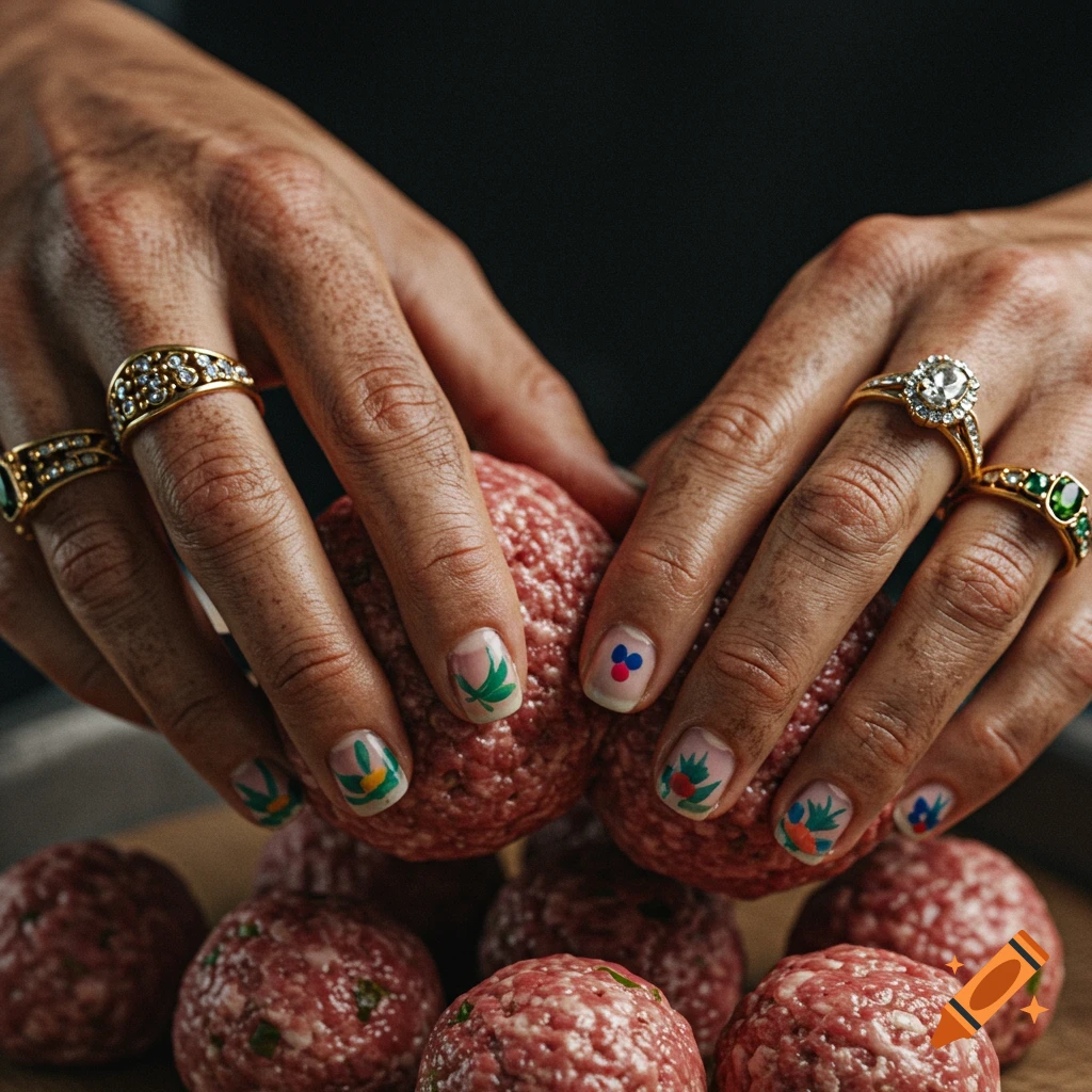 Close-up of hands with colorful painted nails and rings shaping raw meatballs, photorealistic.