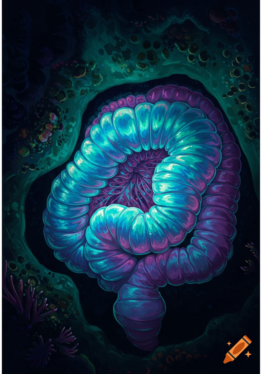 A vibrant, coiled blue, teal, and purple tubular structure, resembling an intestine or organic form, against a dark, textured background.
