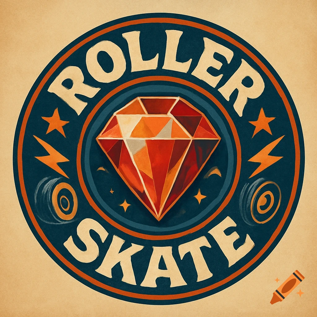 Retro-style circular badge logo with 'ROLLER SKATE' text, a red faceted gem, and stars on a dark blue background.