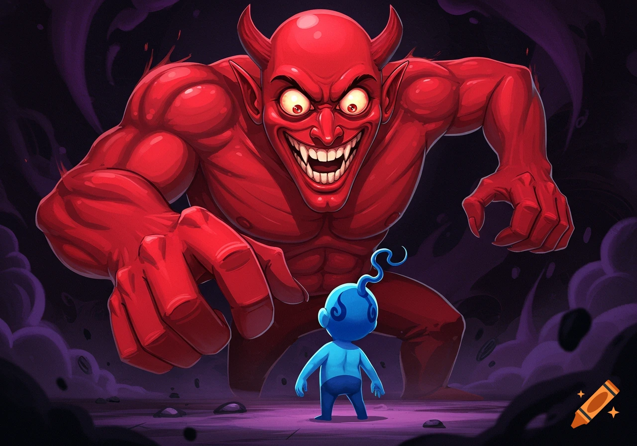 A large, red, muscular devil with horns and a wide grin looms over a small, blue, child-like figure in a dark, stylized cartoon scene.