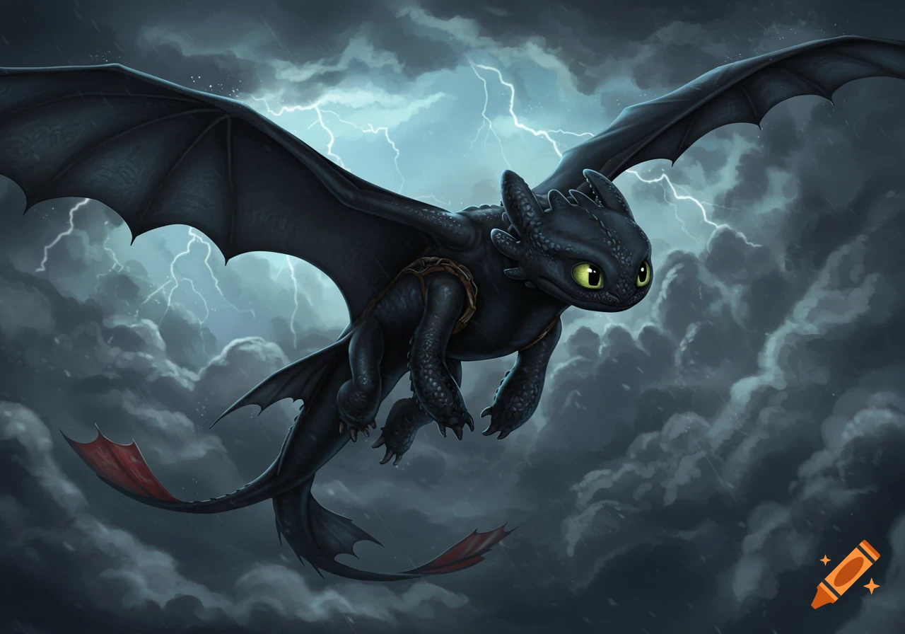 Toothless, a black dragon with green eyes, flies through a stormy sky with lightning.