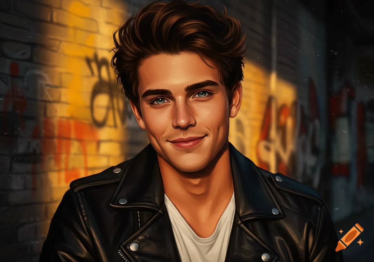 A digital art portrait of a young man with dark hair and blue eyes, wearing a black leather jacket, smiling in front of a graffiti brick wall.