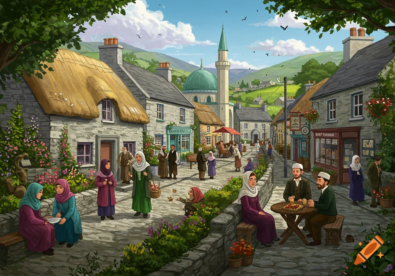 An idyllic illustration of a vibrant rural Irish town populated by Muslims, featuring stone cottages, a mosque, and people socializing on a sunny day.
