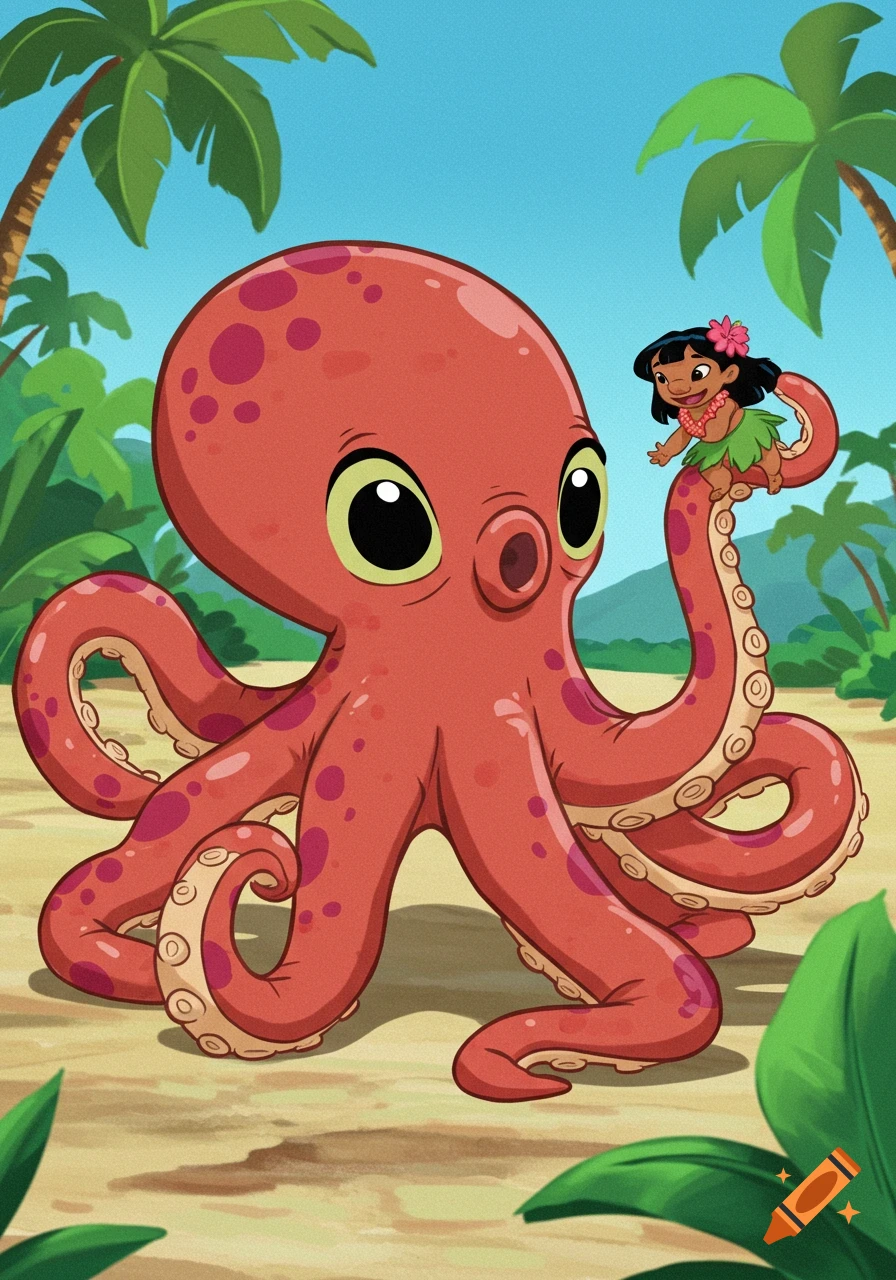 A cartoon image of a large red octopus with big eyes and a small character resembling Lilo from Lilo & Stitch sitting on one of its tentacles, in a tropical setting with palm trees.