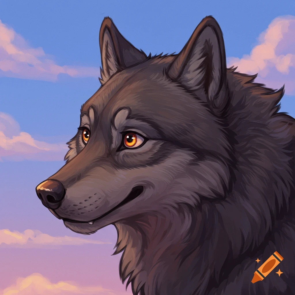 Cartoony headshot of a dark-furred wolf with orange eyes, looking sideways against a blue and pink sky.