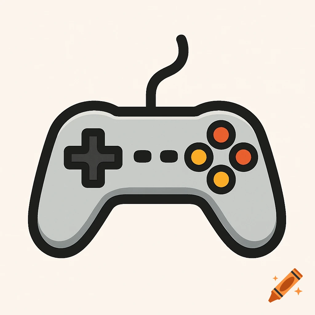 A simple 2D cartoon vector art logo of a grey gaming controller with a black D-pad and colorful buttons.