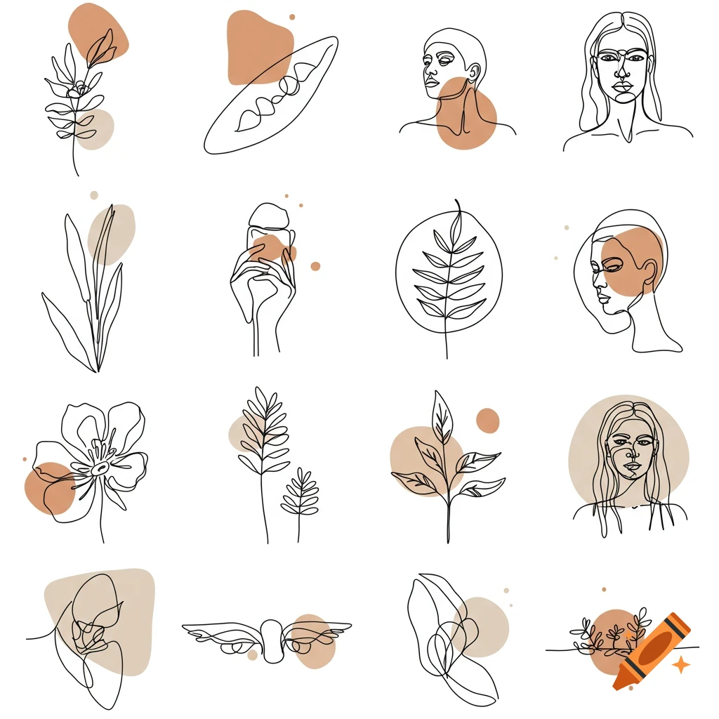Grid of minimalist one-line drawings featuring plants, abstract human faces, and hands with brown abstract shapes.