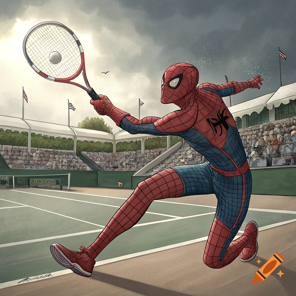 Spider-Man in red and blue suit playing tennis on a court, racket raised to hit a ball, crowd in background. Comic art style.
