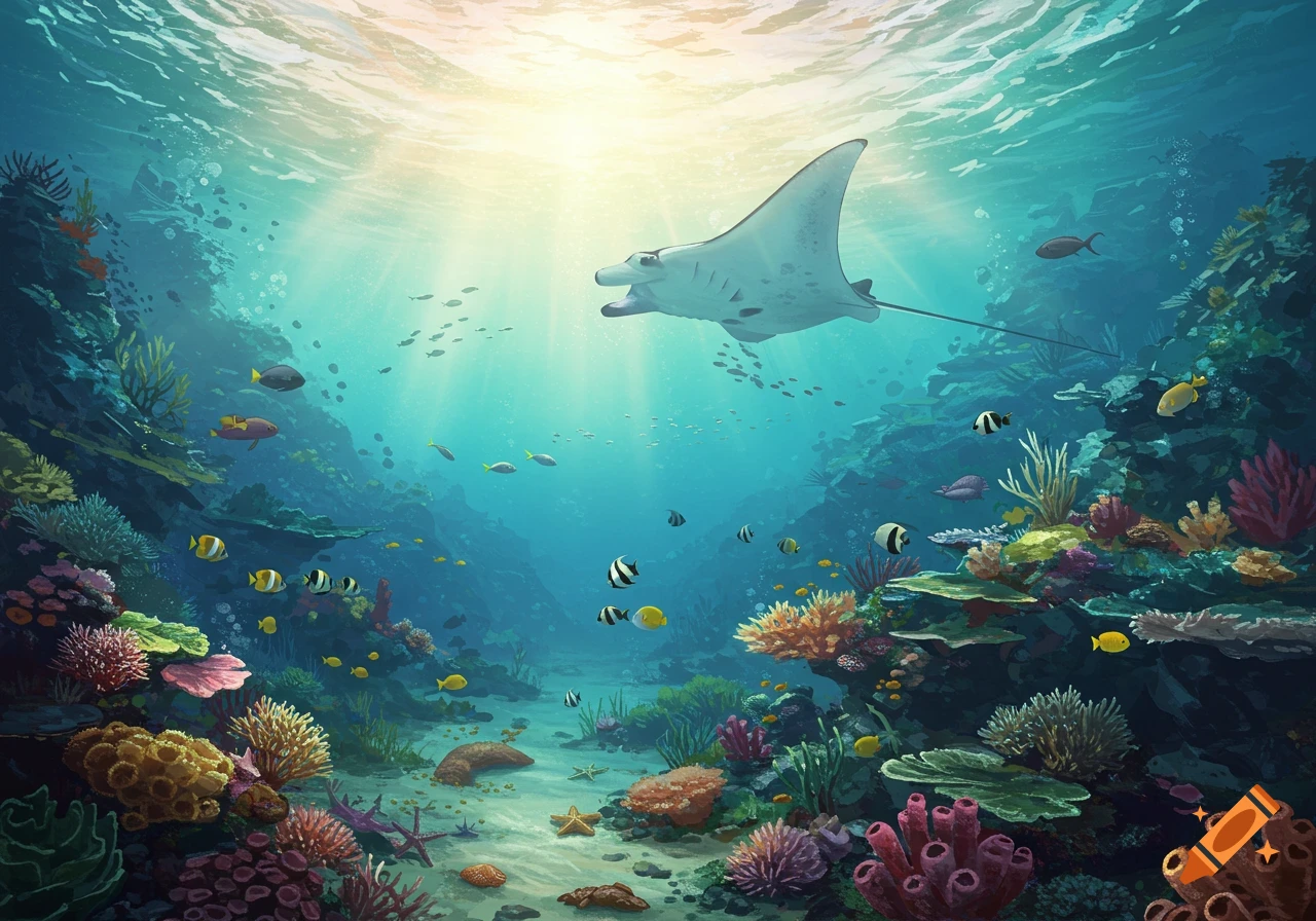 A large manta ray swims above a vibrant coral reef, surrounded by schools of colorful fish in clear, sunlit ocean waters.